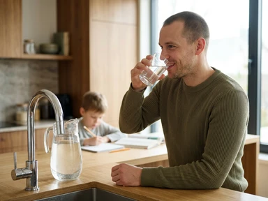 Homeowner confidently pouring a glass of clean drinking water
